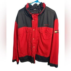 Tommy Hilfiger Vintage Men's Red and Blue Stowaway Hood Fleece-lined Jacket